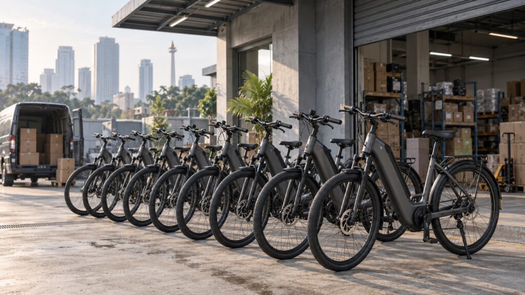 A line of delivery e-bikes parked outside a distribution point in Jakarta