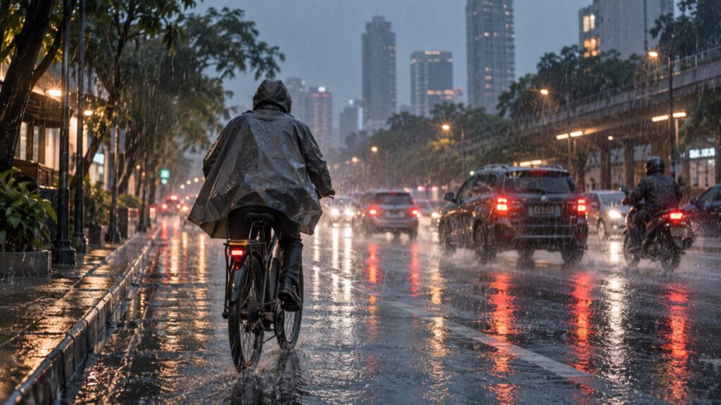 A cyclist riding through heavy rain on a city street